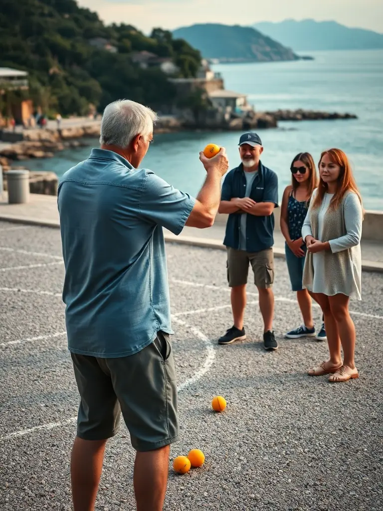 An image of a pétanque coaching session, with an experienced player demonstrating techniques to a group of beginners, emphasizing the learning aspect of the activity.