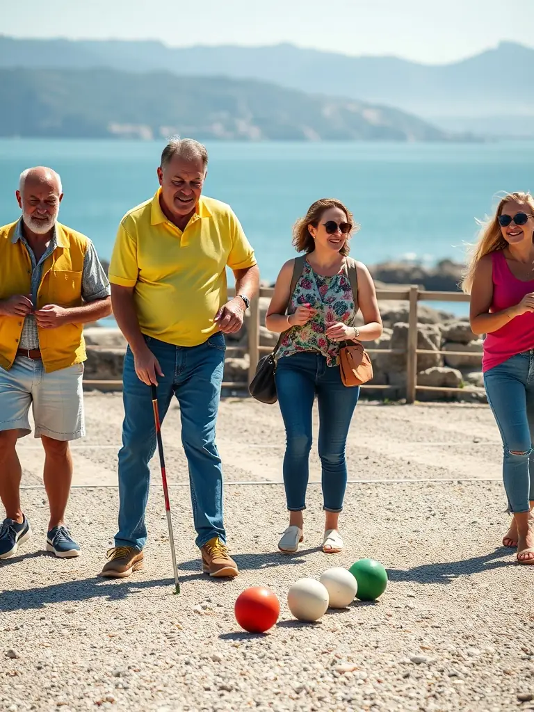 A vibrant photo capturing a friendly pétanque game in progress at A.P.H., with players of different ages and backgrounds laughing and strategizing under the warm sunlight.