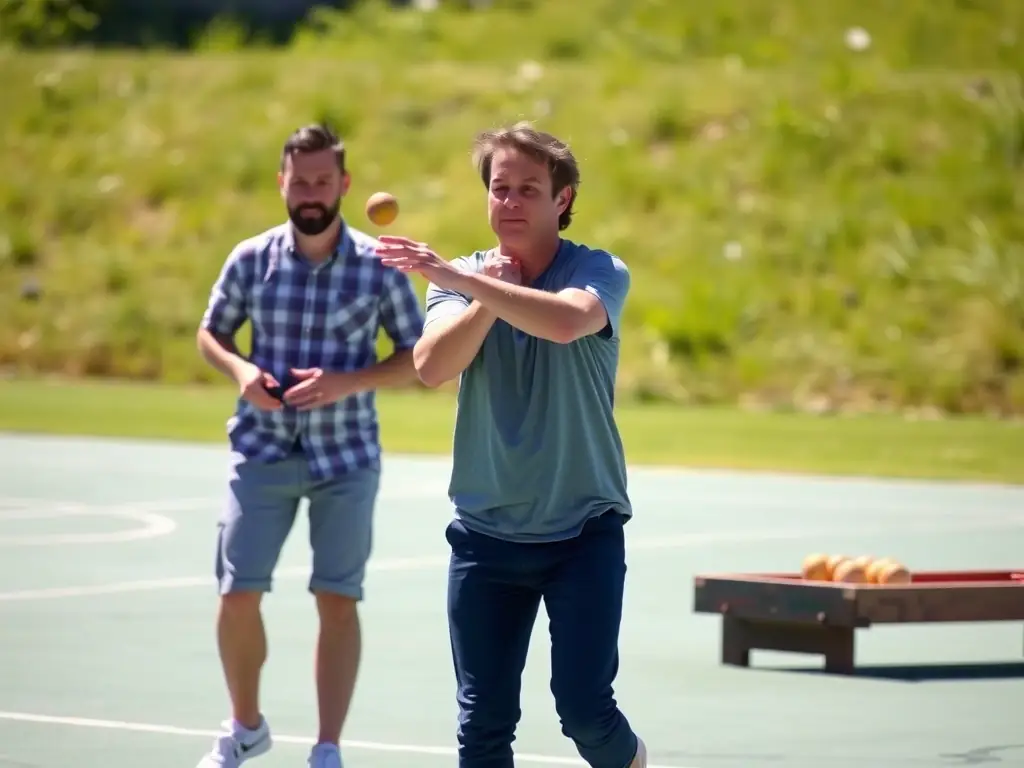 A close-up shot of a person throwing a boule during a jeu provençal match, emphasizing the precision and skill involved.