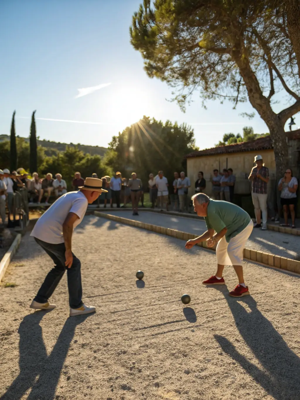 An image showcasing a Jeu Provençal match at A.P.H., highlighting the unique throwing style and strategic elements of this variant of pétanque.