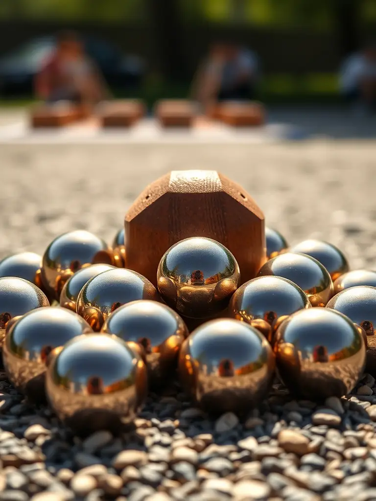 A close-up shot of a pétanque game in progress, focusing on the boules and the cochonnet, with players in the background, set in Hermanville-sur-Mer.