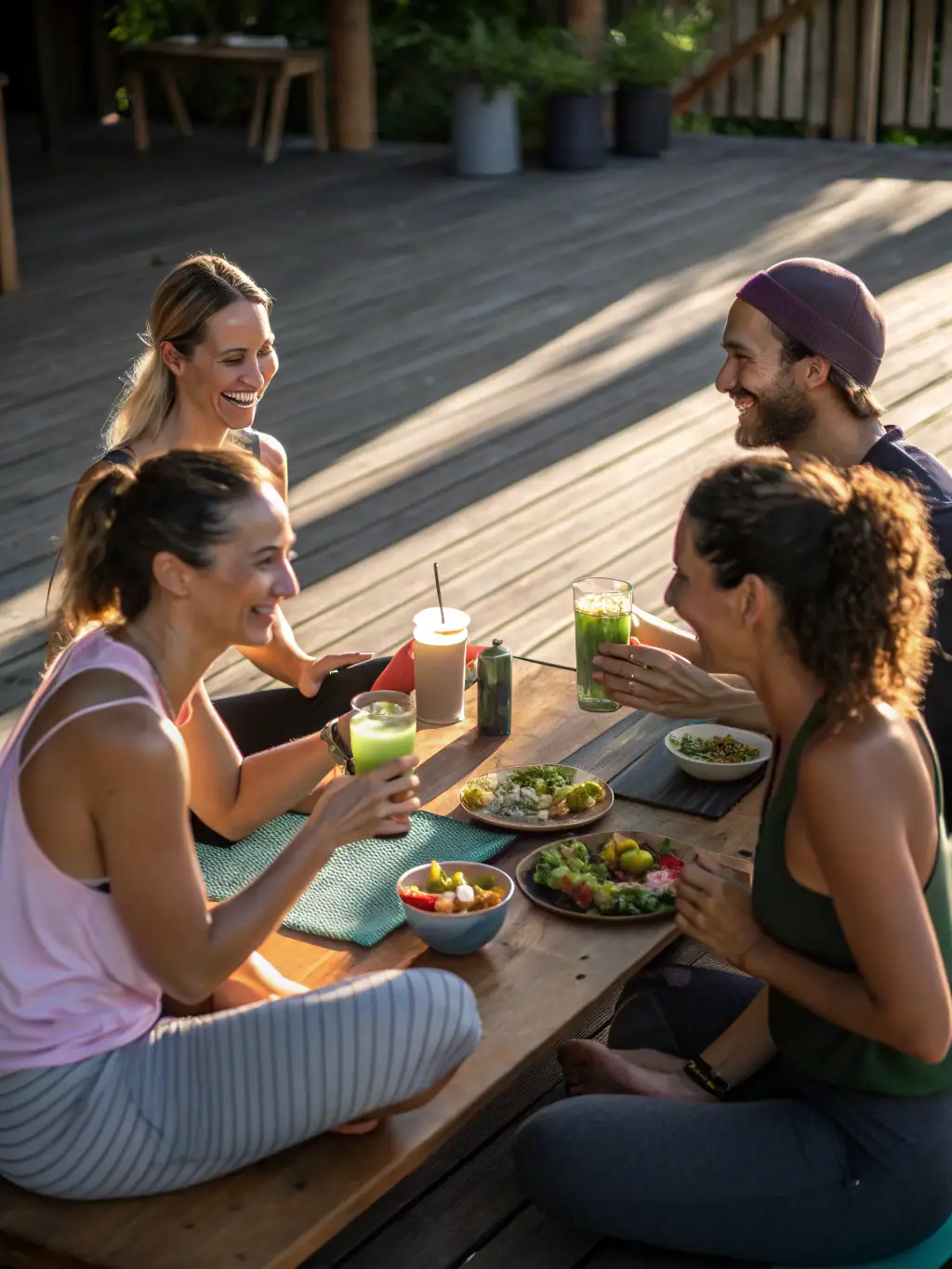 Image of A.P.H. members enjoying a social gathering after a pétanque game, with food, drinks, and laughter.