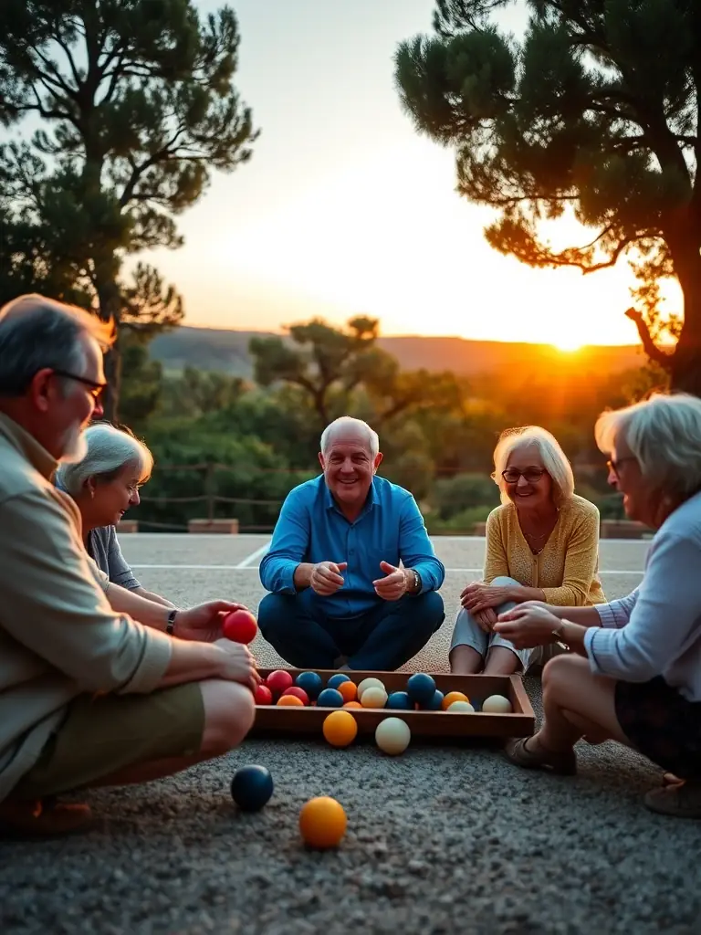 A photograph capturing a friendly pétanque game in progress, showcasing players of different ages and backgrounds enjoying the sport in a relaxed, outdoor setting at Hermanville-sur-Mer.