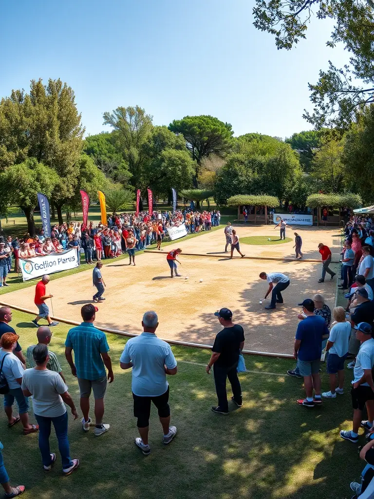 A picture of a local pétanque tournament organized by A.P.H., showing participants competing and spectators cheering, highlighting the competitive spirit and community involvement.