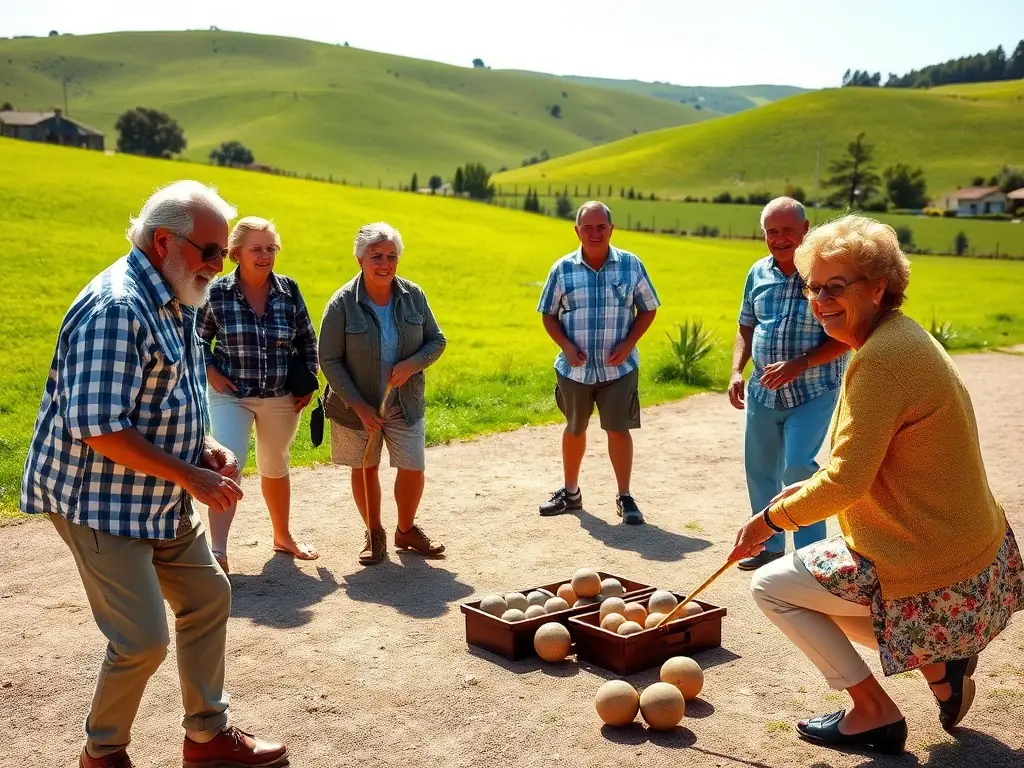 A photo of a group of people laughing and enjoying themselves at a pétanque event, highlighting the social aspect of the activities.