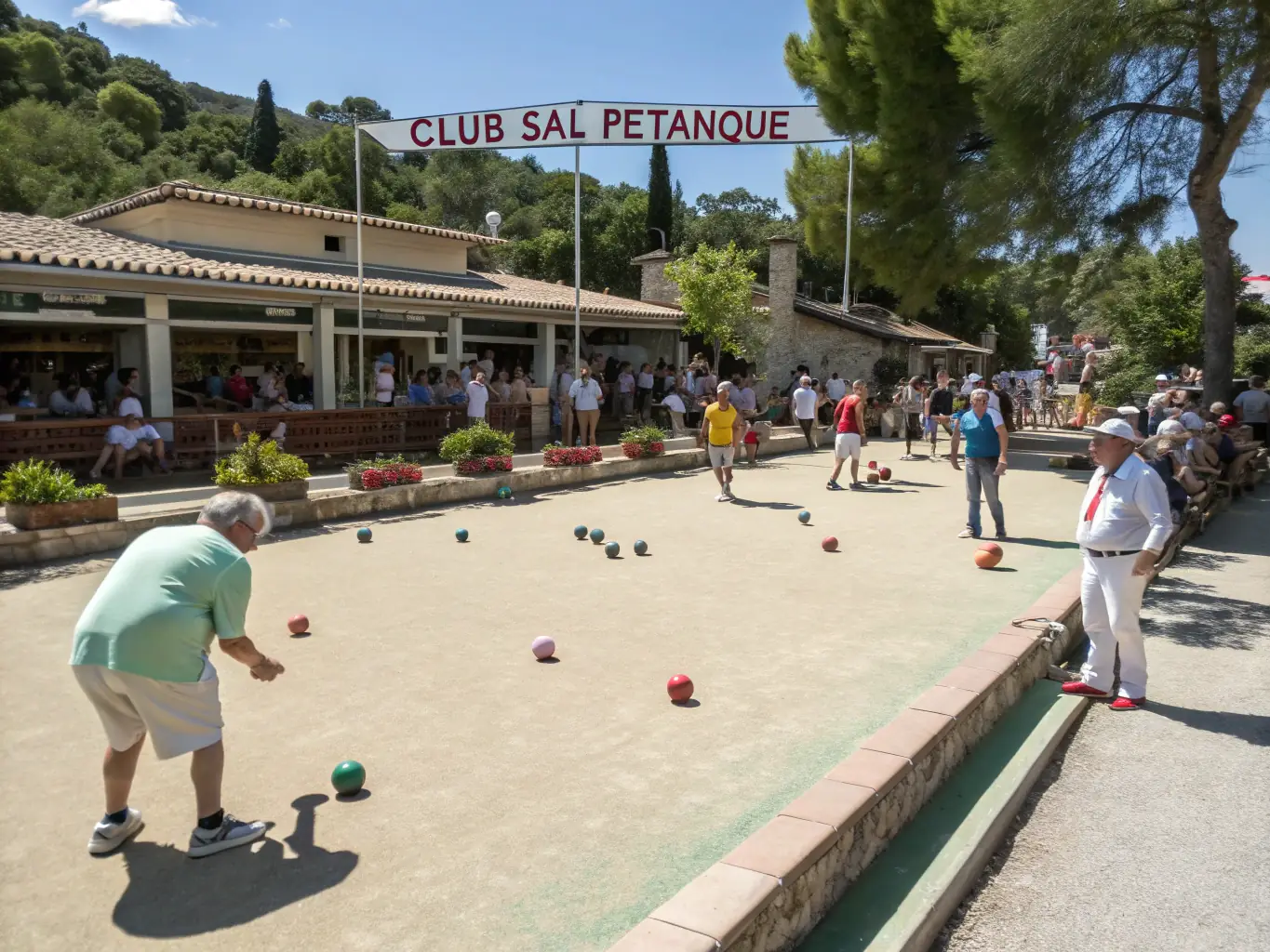 A group of A.P.H. members laughing and enjoying a friendly game of pétanque in a sunny park setting, showcasing the social aspect of the association.